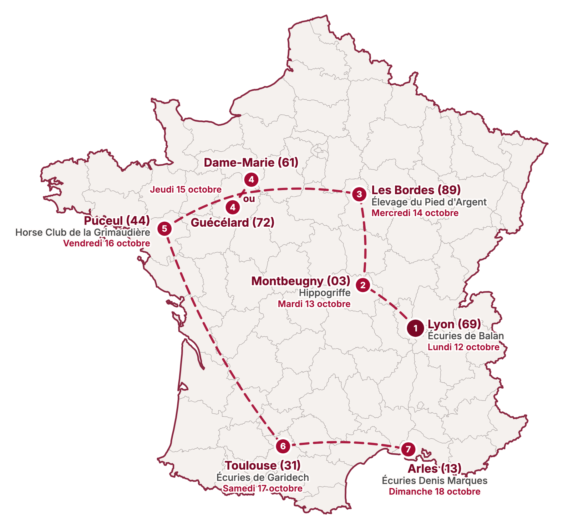 Carte de France du parcours des confirmations 2026 : Lyon, Montbeugny, Les Bordes, Dame-Marie et Guécélard, Puceul, Toulouse, Arles.